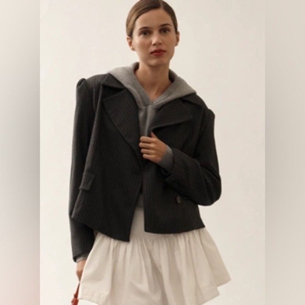 Maeve Anthropologie Gray Pinstripe Cropped Blazer Puff Shoulder Boxy Small